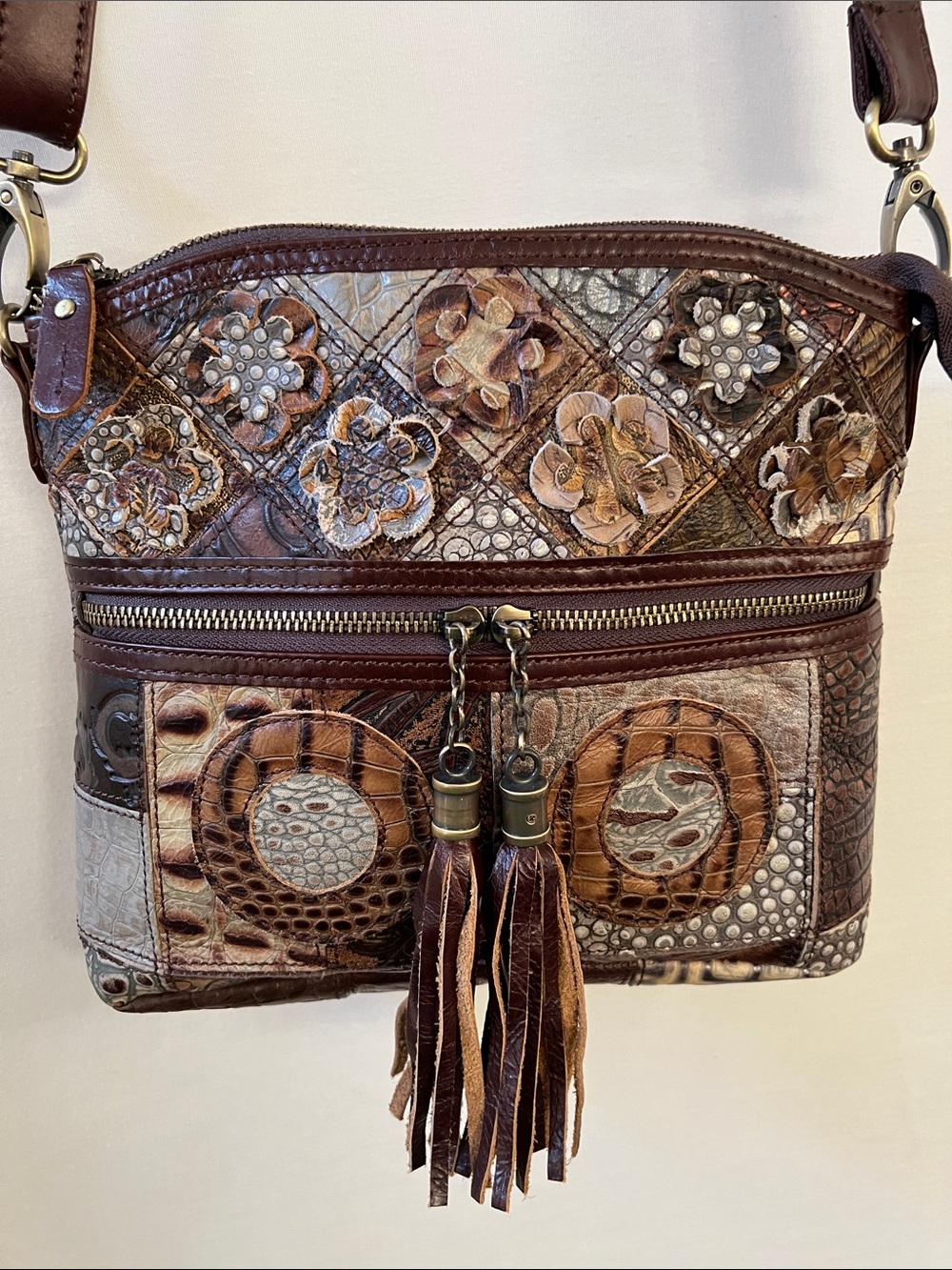 Patchwork Floral Brown Crossbody Leather Bag with Tassel Detail